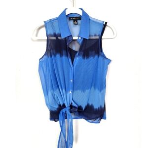 INC Blue Tie Dye Sleeveless Layered Top Blouse & Separate Cami, Jewel Buttons